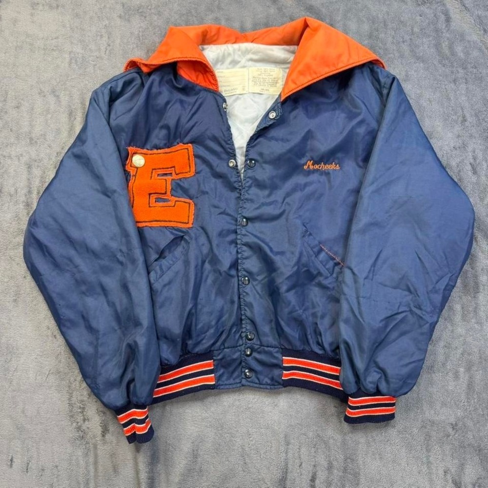 Vintage DeLong Satin Varsity Letterman Jacket XL blue orange